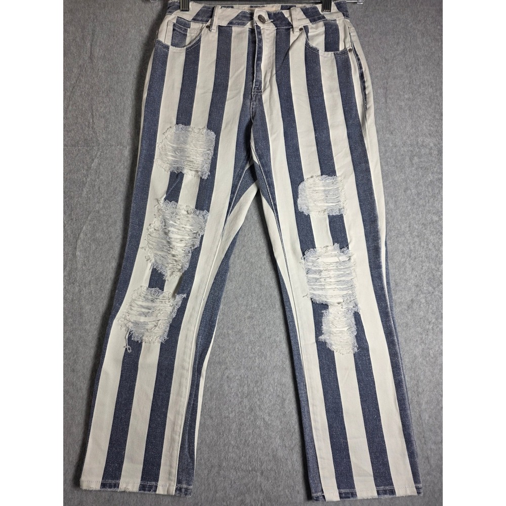 PacSun Mom Jean Women 24 Blue White Striped Distressed Ripped Denim Pants